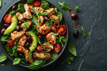 Canvas Print - A black bowl of salad with chicken, tomatoes, and avocado