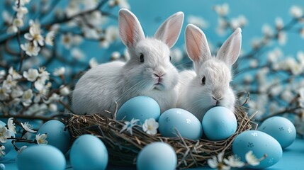 blue,white easter scene with two white rabbits,blue eggs flat lay top view.illustration