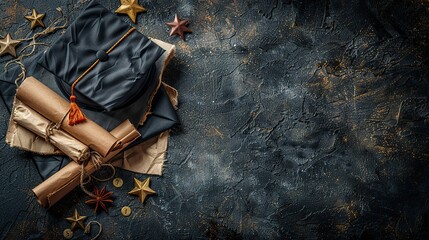 graduation cap diploma,american flag on black background flat lay top view.stock image