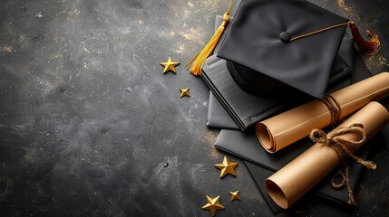 Wall Mural - graduation cap diploma,american flag on black background flat lay top view.illustration