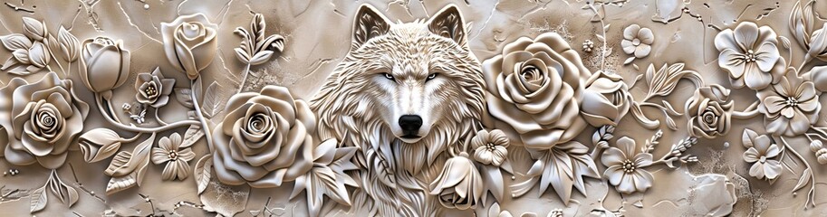 Beautiful wolf 3d relief wallpaper. Mural wallpaper. Wall art. AI generated illustration
