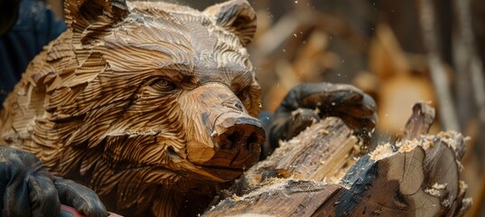 Intricate Chainsaw Carving of Bear from Tree Trunk - Detailed Woodworking Art for Rustic Decor