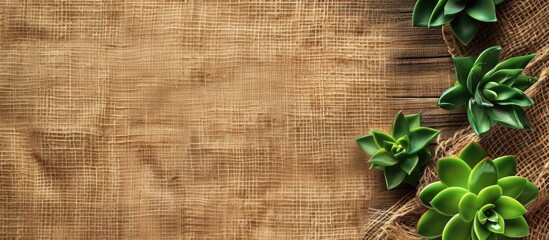 Fototapete - An empty textured burlap backdrop in honey mustard tones for eco-friendly themes with a bird's-eye view showing ample copy space image.