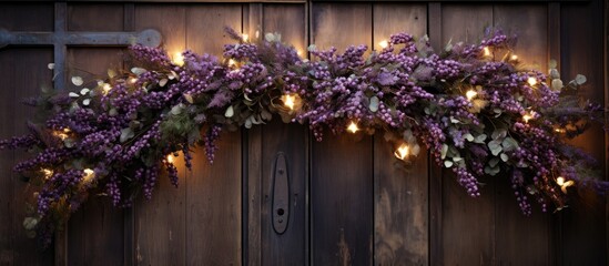 Poster - Christmas wreath adorned with red berries and twinkling fairy lights displayed on a rustic wooden door, with a blank area for text, copy space image.
