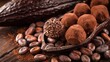 © Faisal Ai - A set of artisanal chocolate truffles on a backdrop of raw cacao pods, perfect for a luxury gourmet chocolate presentation