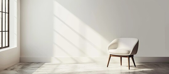 Canvas Print - Modern Scandinavian loft studio interior with cafe chair against white wall, featuring mock-up shadows and a patterned background for a copy space image.