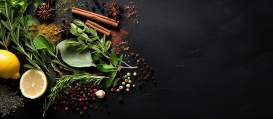 Wall Mural - Assortment of herbs, spices, and greens for cooking on a black slate table. Top view with a copy space image available.