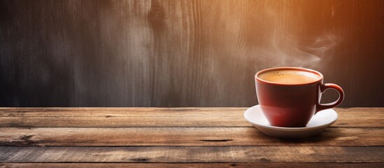 Sticker - Hot drink in a coffee cup on an old wooden surface with ample copy space image.