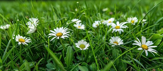 Poster - Daisies blooming in the lush green grass with an inviting copy space image for text or graphics.