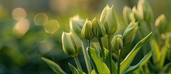 Sticker - Tulip buds with labels on a bright spring day outside.