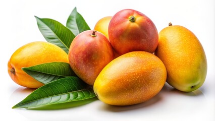 Fresh Mangoes with Green Leaves on White Background