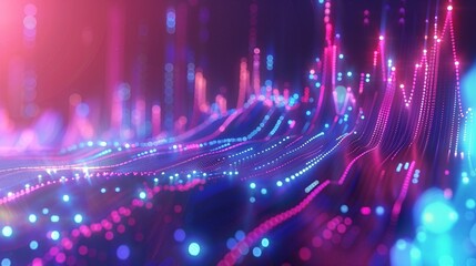 Abstract digital landscape with neon lights and glowing lines. Futuristic technology background representing data and communication networks.