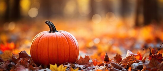 Poster - A pumpkin rests on colorful autumn leaves with a blank space for an image.