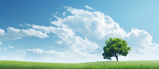 Poster - A small white cloud drifts in the gap between two lush green trees against a blue sky, creating a serene scene with copy space image.