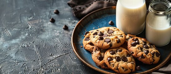 Poster - Freshly baked chocolate chip cookies on a plate with a bottle of fresh milk, with copy space image.