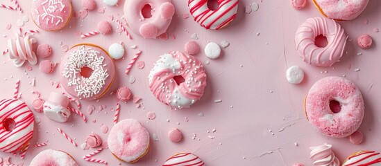 Wall Mural - Sweet donuts and candies on a soft pink backdrop for an influencer photo with a food theme, perfect for a banner, with plenty of copy space image.