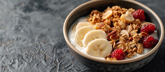 Sticker - Selective focus on a honey nuts granola yogurt breakfast bowl against a dark concrete backdrop, with room for text or images (copy space image).