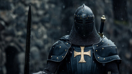A cinematic photograph of the black knight in full armor with a golden cross on his chest, dark and moody with rain falling, with cinematic photography and hyper-realistic, dramatic lighting
