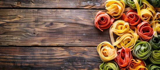 Poster - Colorful pasta dough on a wooden table, viewed from above, creating a vibrant cooking background with copy space image.