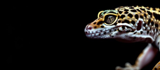 A leopard gecko resting against a black backdrop with copy space image.
