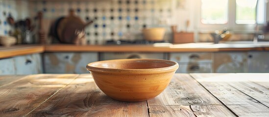 Sticker - A wooden table showcasing an empty clay bowl, with ample copy space image for product display on a kitchen countertop.