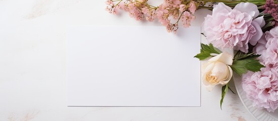 Aufkleber - A beautifully adorned wedding invitation displayed on a white tablecloth next to a floral arrangement, creating a charming setting with copy space image.