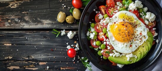 Poster - A nourishing keto paleo breakfast with a boiled egg, cherry tomato salsa, avocado, feta cheese, and olives on a dark wooden surface for a copy space image.