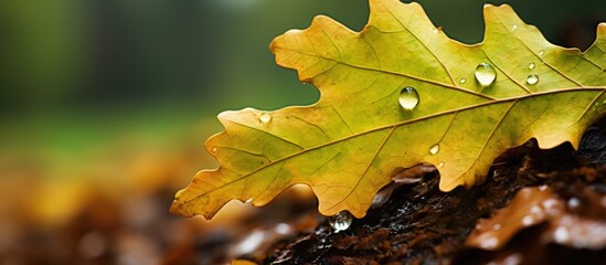 Aufkleber - Close-up image of an oak leaf with water droplets in an autumn forest setting, ideal for use as a background with copy space.