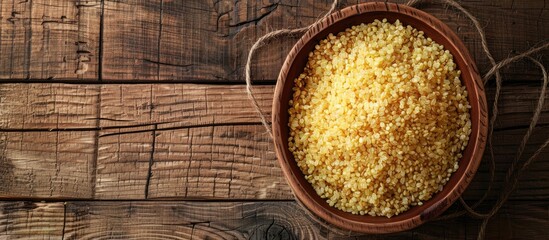 Canvas Print - Top view of a wooden table with a bowl of raw bulgur, providing a clear space for text in the image.