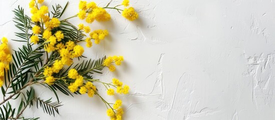 Fototapete - White surface featuring Mimosa blooms, ideal for expressing a concept linked to Spring, Easter, or Women's Day. Flat view layout with room for text.