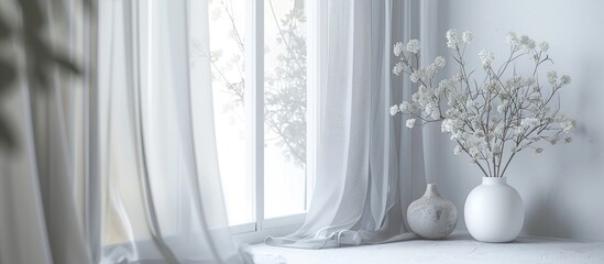 Sticker - White oil curtain hangs in front of window with a grey curtain on the side, showcasing a delicate and serene setting with a copy space image.