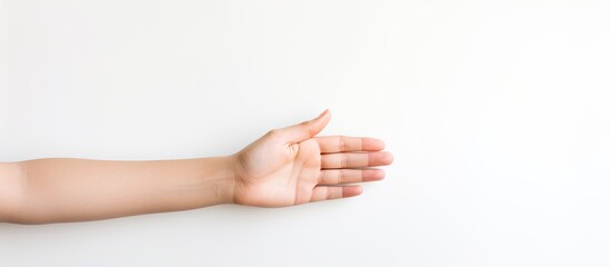 A woman's hand on a white background with copy space image.