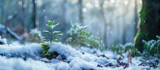 Aufkleber - Stunning macro-photography captures the winter forest floor in Northern Tasmania, featuring a tranquil landscape with abundant flora and a snow-covered terrain, with an inviting copy space image.
