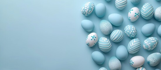 Wall Mural - Blue and white Easter eggs on a pastel background, ideal for Spring and Easter holiday concept, isolated on a white background with copy space image.