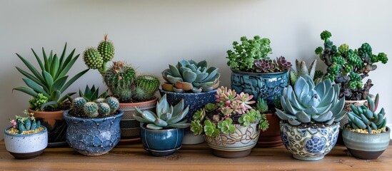 Aufkleber - A charming arrangement of succulents in pots displayed on a desk with space available for copying images.