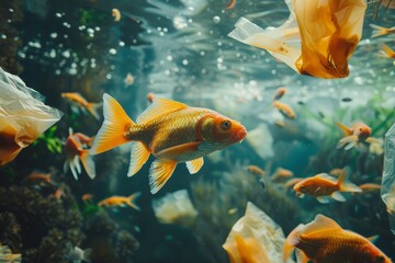 Wall Mural - Ocean fish swim among plastic bags, water pollution concept