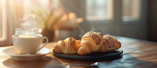 Aufkleber - A cozy scene featuring hot coffee, butter croissants, and a black table with soft-focus and light in the background, ideal for a copy space image.