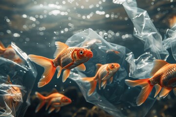 Wall Mural - Tropical fish swim in the ocean in plastic garbage underwater