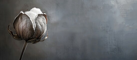 Poster - Grey fabric backdrop featuring a cotton flower with copy space image.