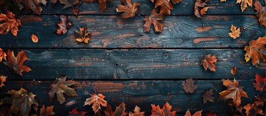 Poster - Horizontal frame featuring autumn maple leaves on a wooden surface with copy space image.