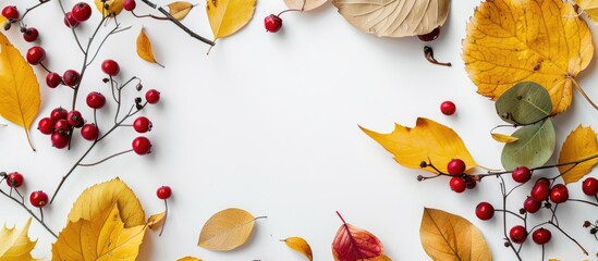 Aufkleber - Top-down view of autumn-themed arrangement with dried green leaves, yellow leaves, and red berries forming a frame on a white backdrop, ideal for text placement in the copy space image.