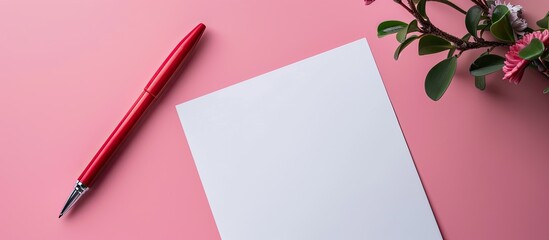 Aufkleber - A blank sheet for drawing or writing, beside a red pen, displayed on a pink background with copy space image.