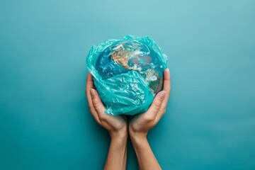 Wall Mural - Globe planet in a plastic bag in hands, concept of pollution of the earth