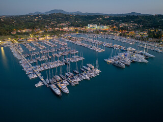 Wall Mural - Aerial drone photo of famous bay of Gouvia a popular yacht dock, island of Corfu, Ionian, Greece