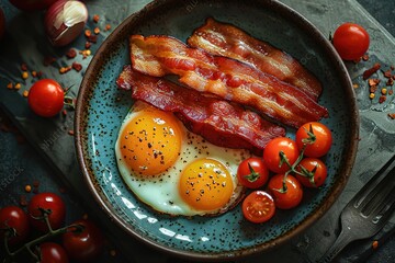 Wall Mural - bacon breakfast food fried egg meal delicious plate lunch cooked yolk fat meat morning tasty dish closeup