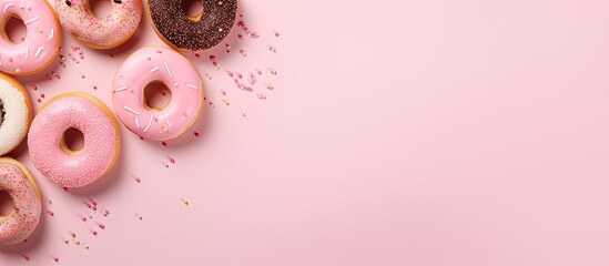 Wall Mural - Background featuring pink and beige donuts with copy space image.