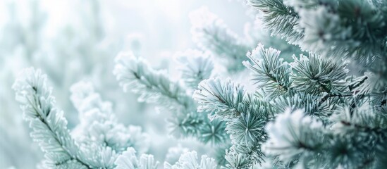 Poster - Image of a frozen pine tree with copy space, frozen green needes, giving a magical touch.