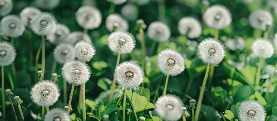 Poster - A close-up image of square dandelions with white flowers and vibrant green stems on a sunny day provides ample space for duplication.