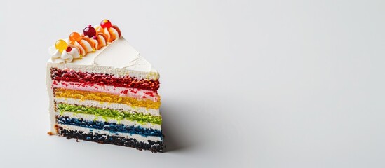 Poster - Colorful cake with copy space image, ready to eat, isolated on a white background, captured in a horizontal side view.
