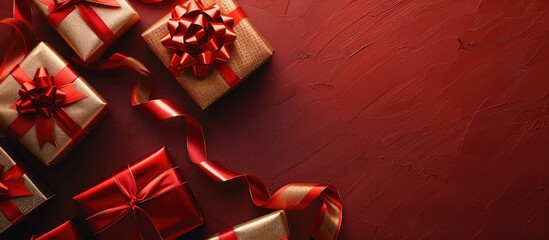 Poster - Top view of gift boxes beautifully wrapped in red and gold ribbons, set against a copy space image with a greeting card text design template in the background.